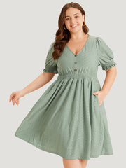 Geometric Eyelet Pocket Button Detail Shirred Dress