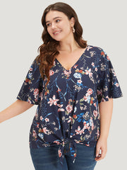 Floral Print V Neck Ruffle Sleeve Twist Hem Blouse