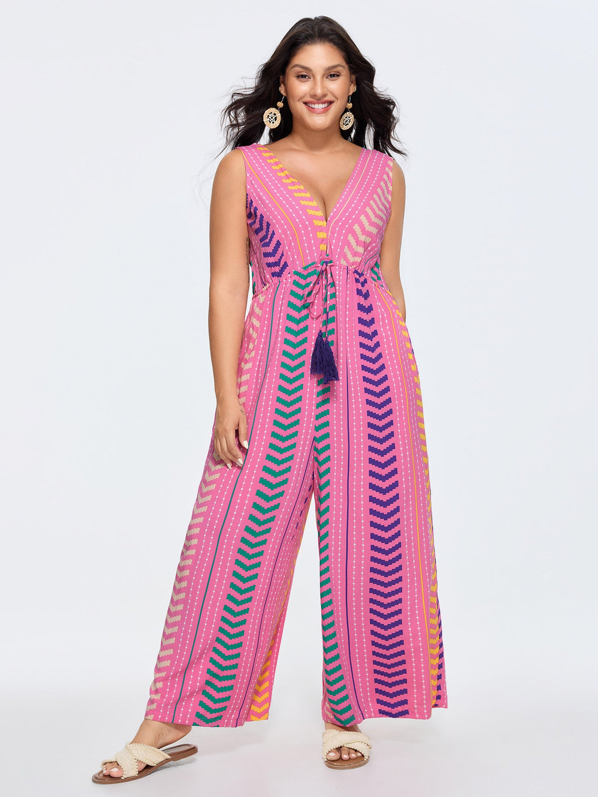 Colorful Geometric Print Tassel Jumpsuit