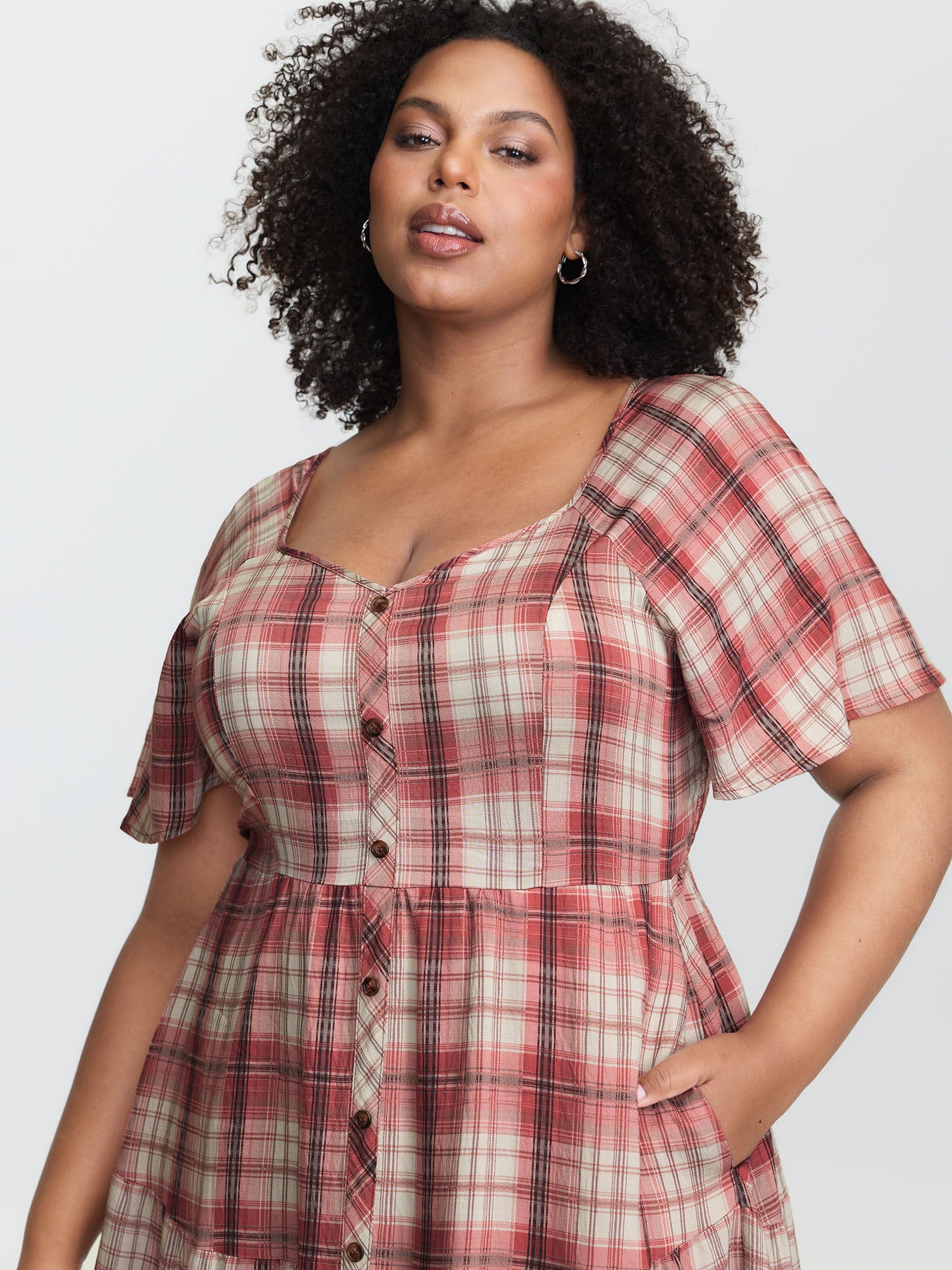 Plaid Flutter Sleeve Button Tiered Midi Dress