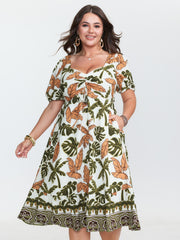 Tropical Print Ruched Sweetheart Neckline Midi Dress