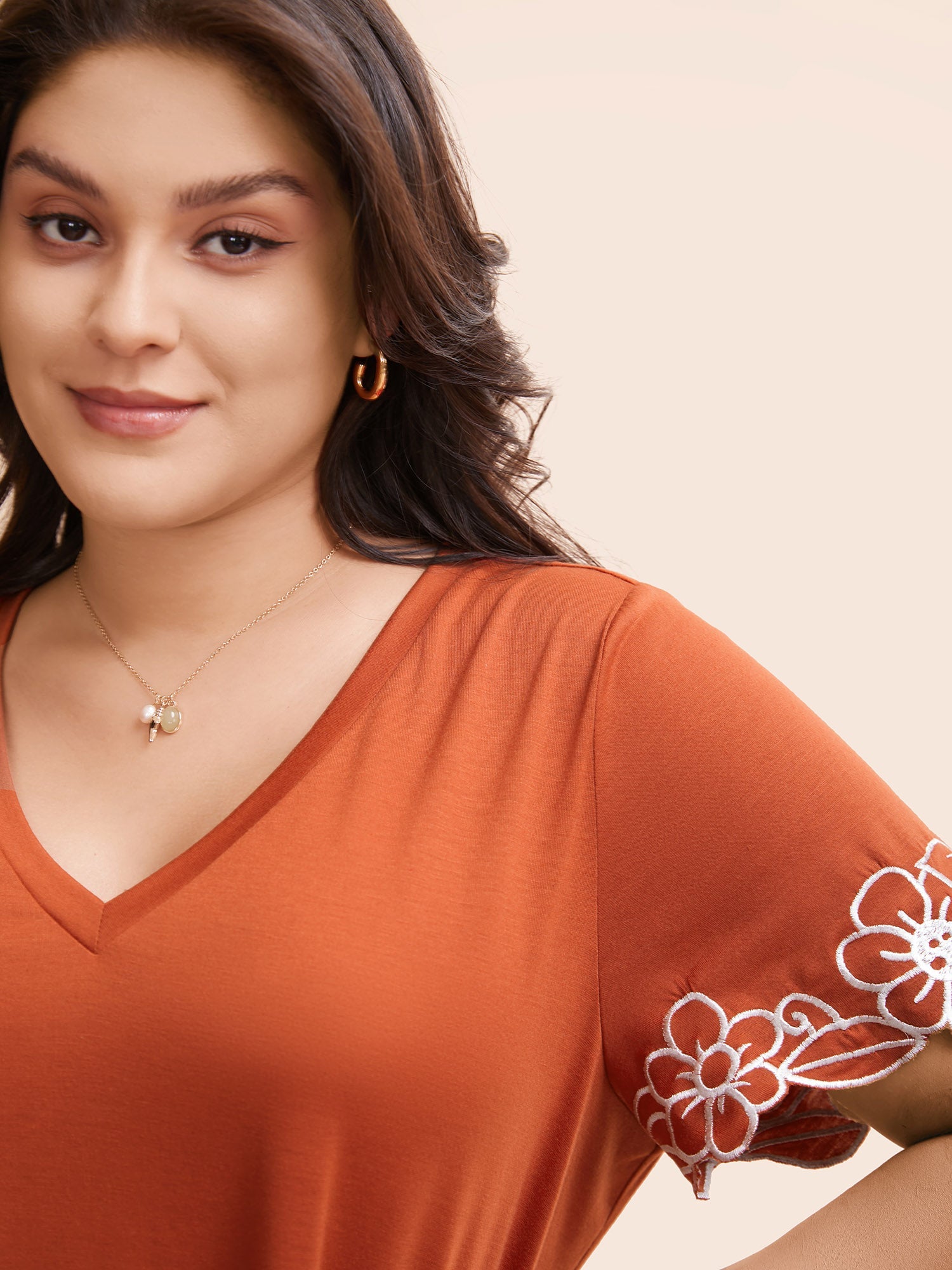V Neck Floral Embroidered T-shirt