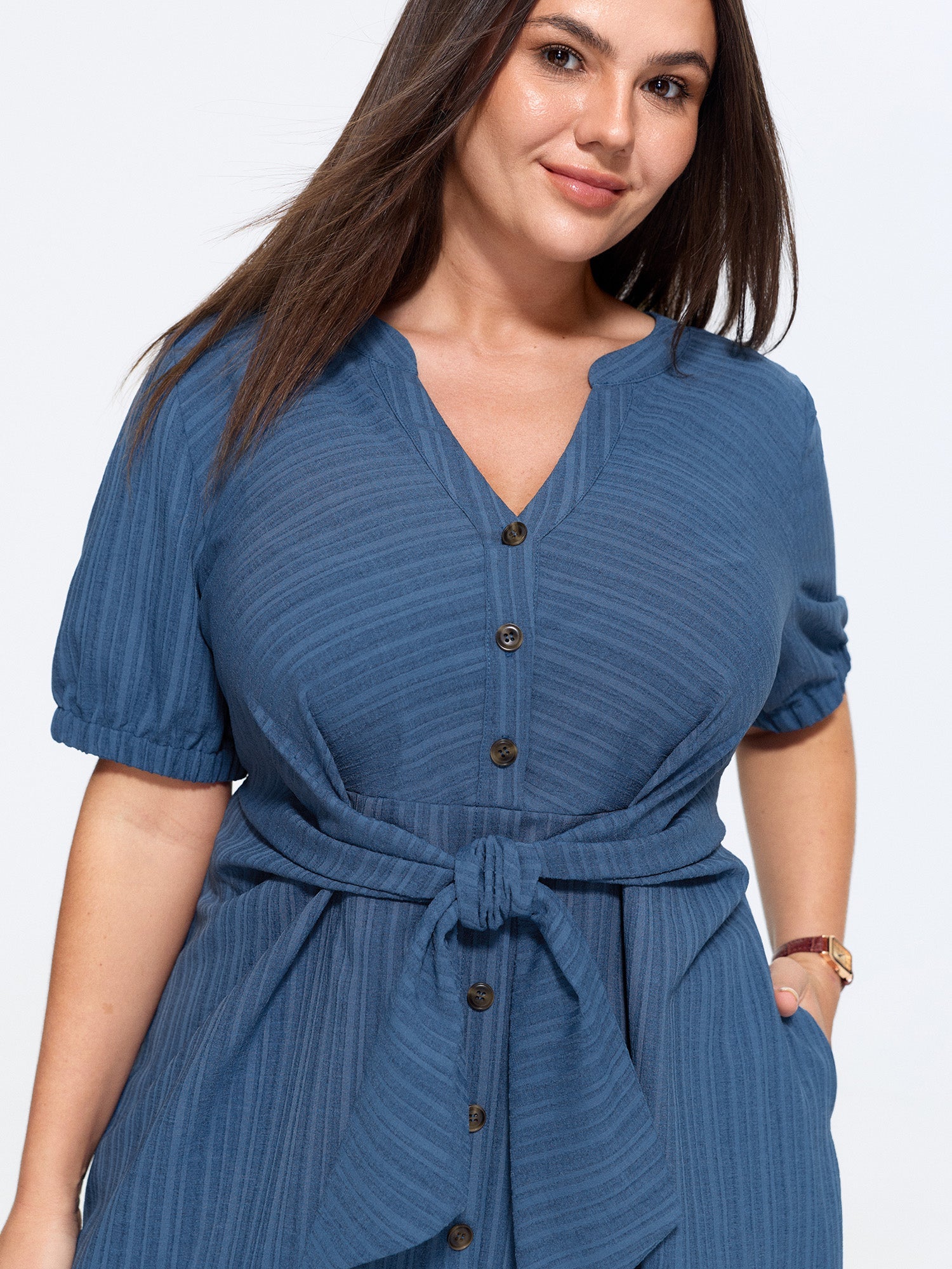 Knotted Front Textured Button Mini Dress