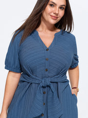 Knotted Front Textured Button Mini Dress