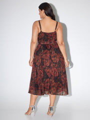 Floral Print Pleated Waist-Tie Midi Dress