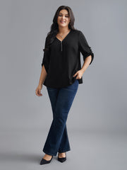 Plain V Neck Half Zip Tab Sleeve Blouse