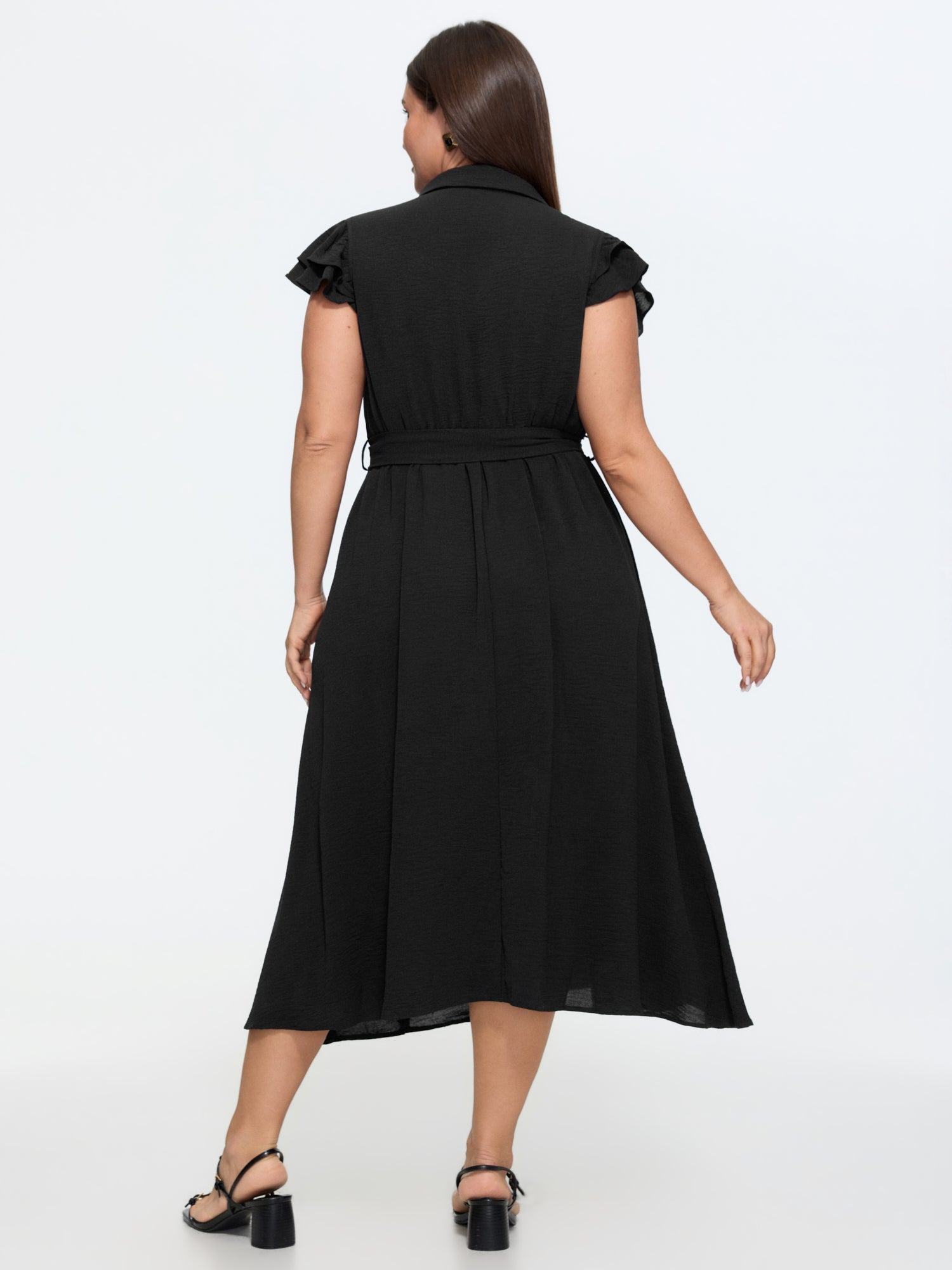 Layered Ruffled Sleeve Button Midi Dress