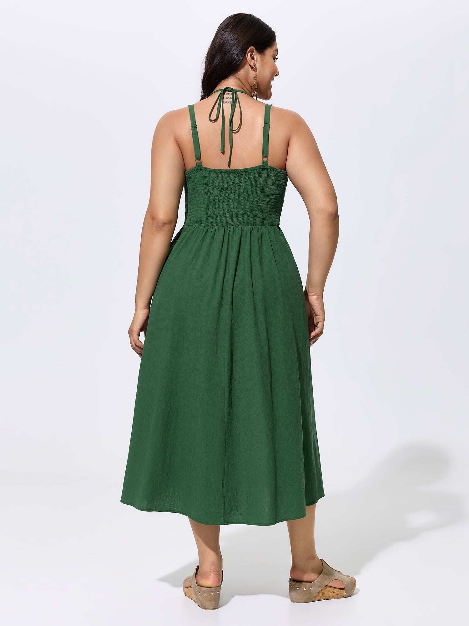 Cotton Embroidered V-Neckline Midi Dress