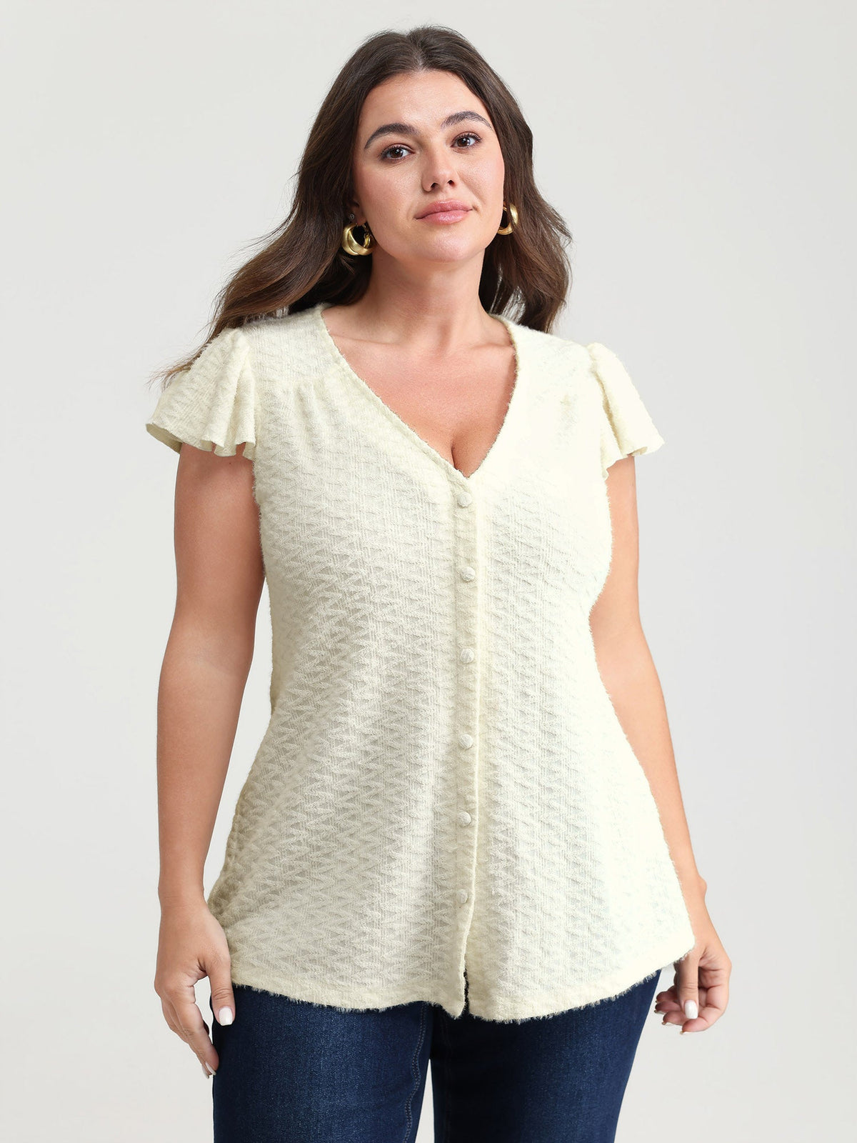 Textured Button Detail Ruffled Sleeve T-Shirt