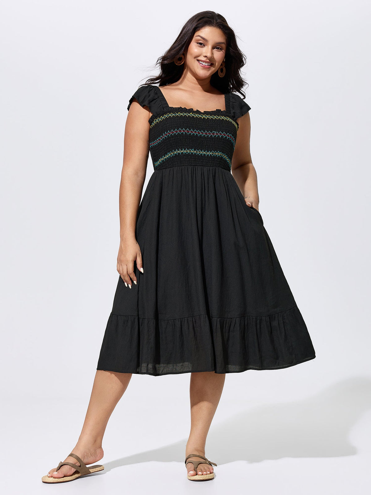 Shirred Flutter Sleeve Plain Midi Dress
