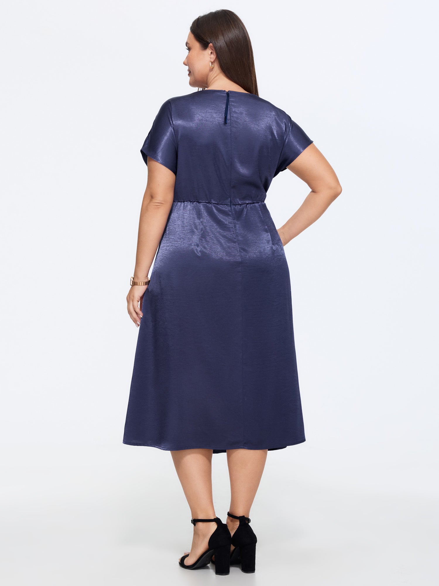 Sleek Satin Draped Waist Midi Dress