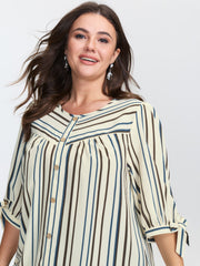 Striped Three-Quarter Sleeve Button-Down Blouse