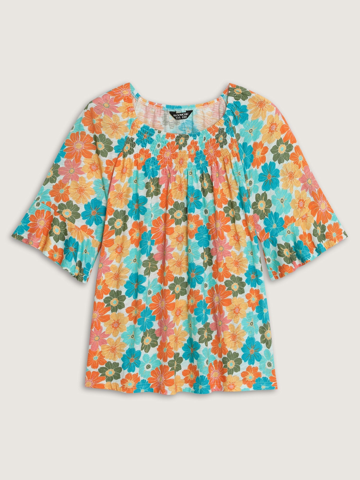 Cotton Floral Print Ruffle Mid Sleeve Top