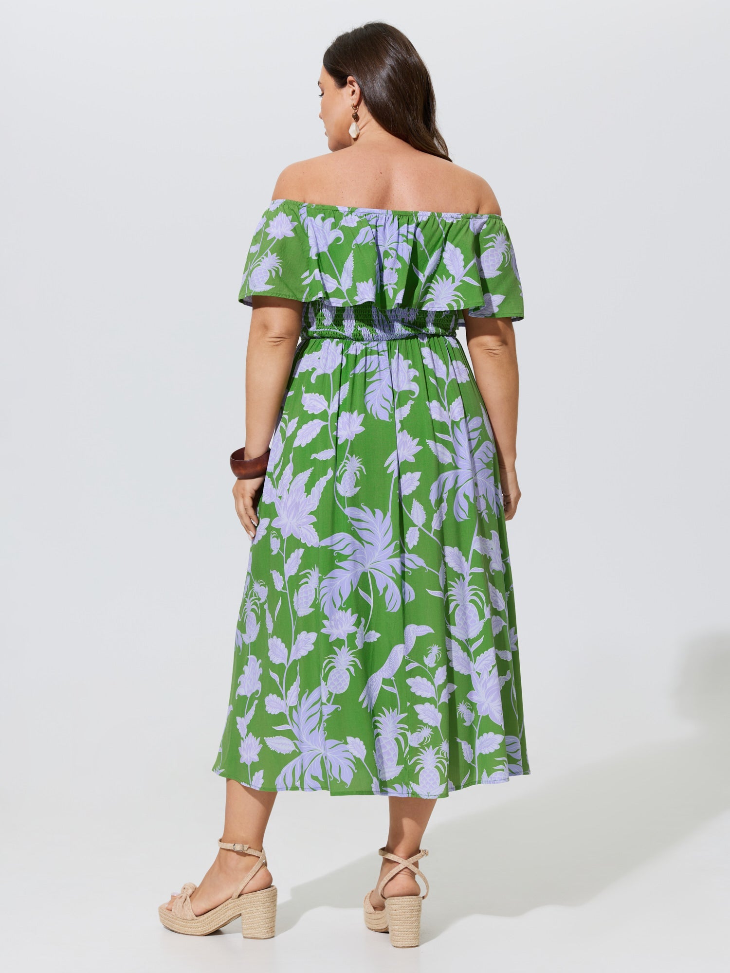 Floral Print Shirred Off-Shoulder Midi Dress
