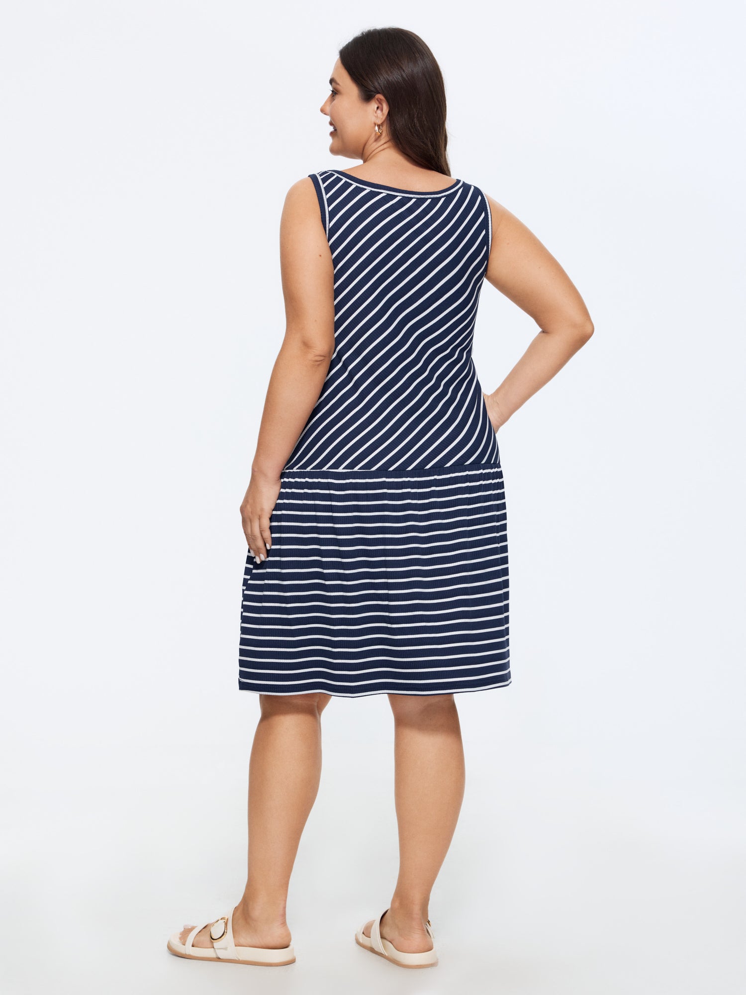 Striped Print Square Neck Rib Mini Dress