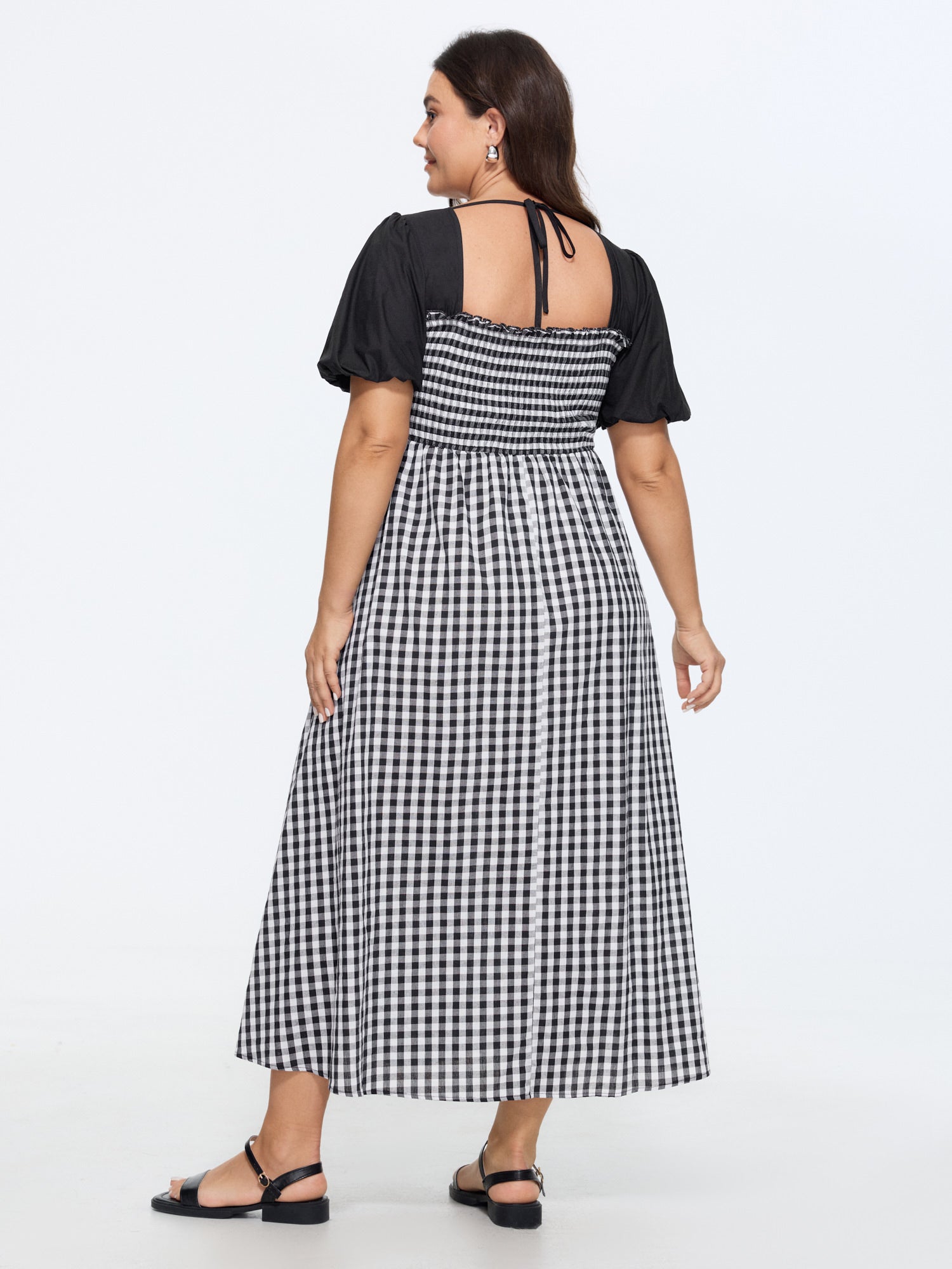 Cotton Gingham Print Color Contrast Midi Dress