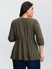 Floral Embroidered Square Neckline Button Top
