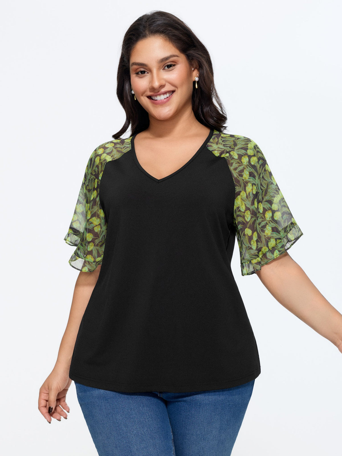 Sheer Floral Print Ruffled Cuff Sleeve Top