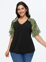 Sheer Floral Print Ruffled Cuff Sleeve Top