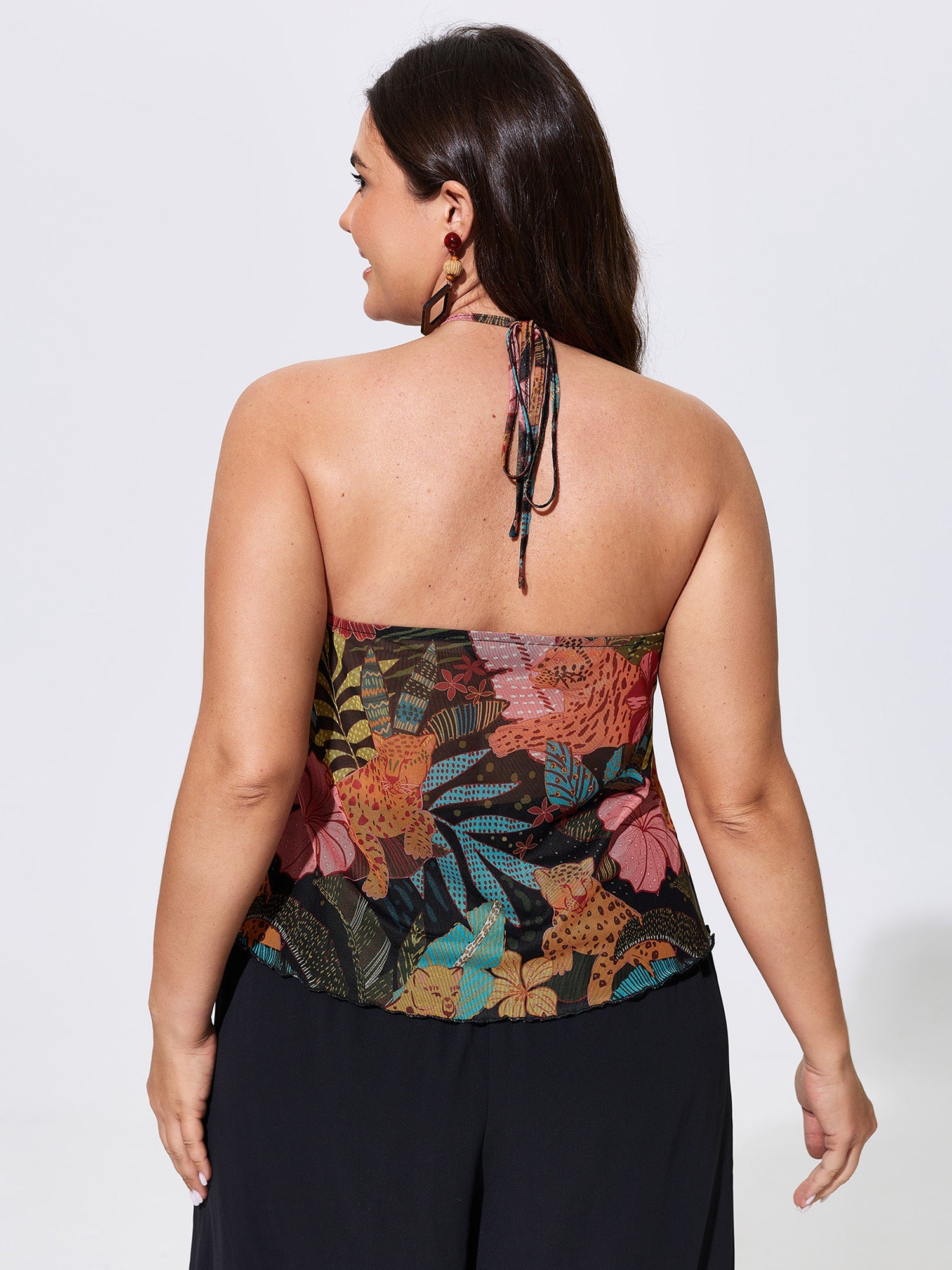 Stretchy Tropical Print Neck-Tie Jersey Top