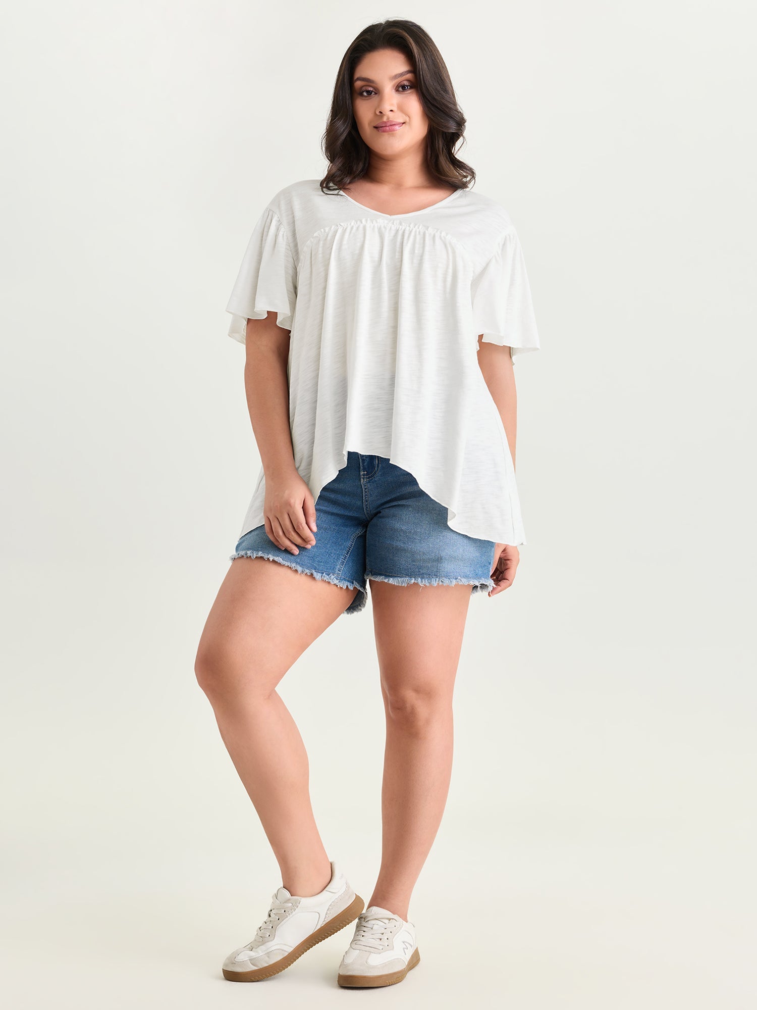 Plain Ruffled Sleeve Relaxed-Fit T-Shirt