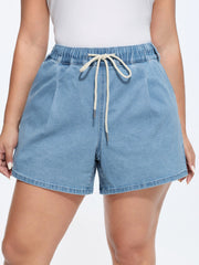 Elastic Waist Drawstring Straight-Leg Denim Shorts