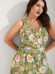 Rayon Floral Shirred Pockets Midi Dress