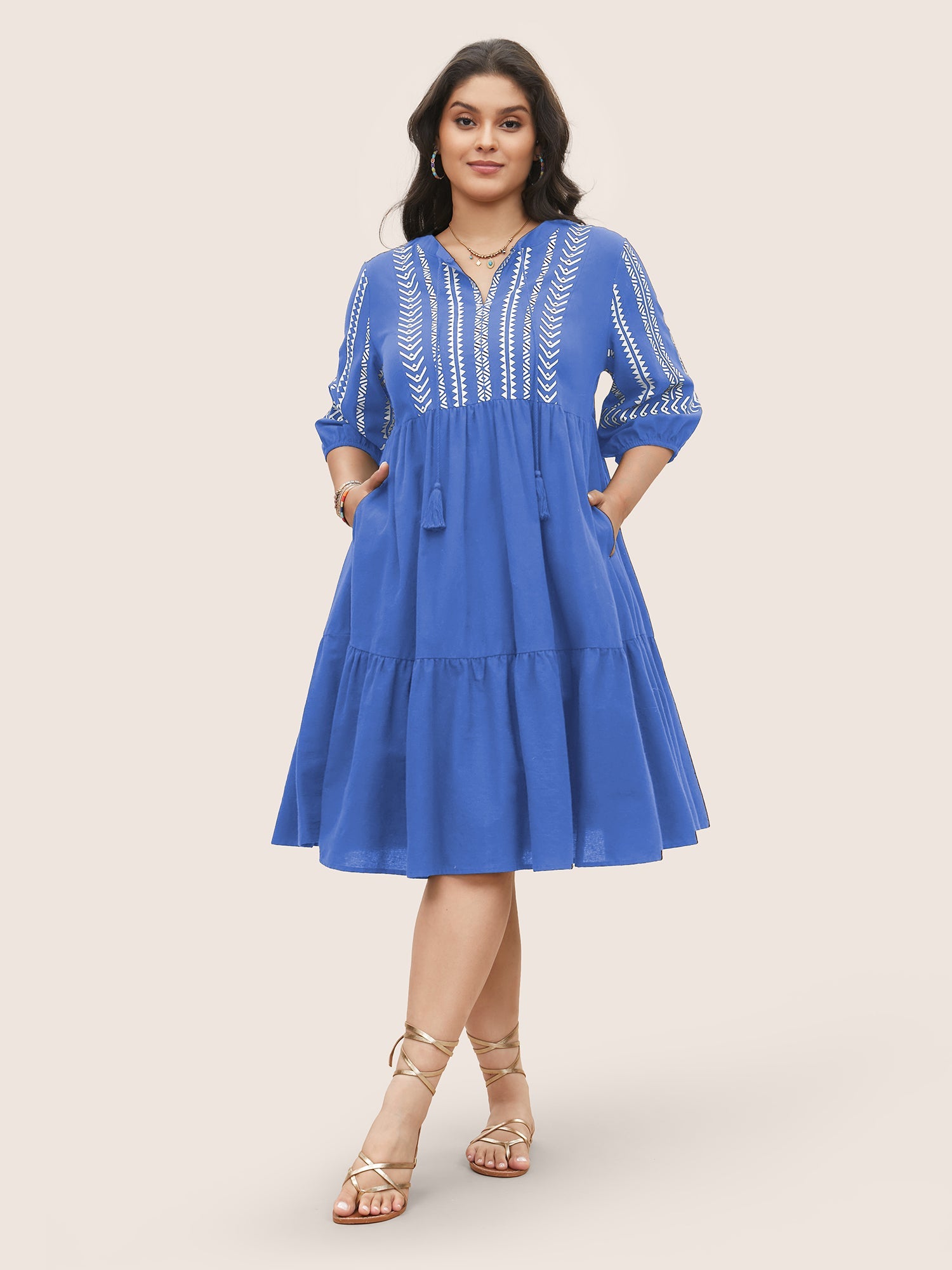 Cotton Geometric Bandana Print Tassel Trim Dress
