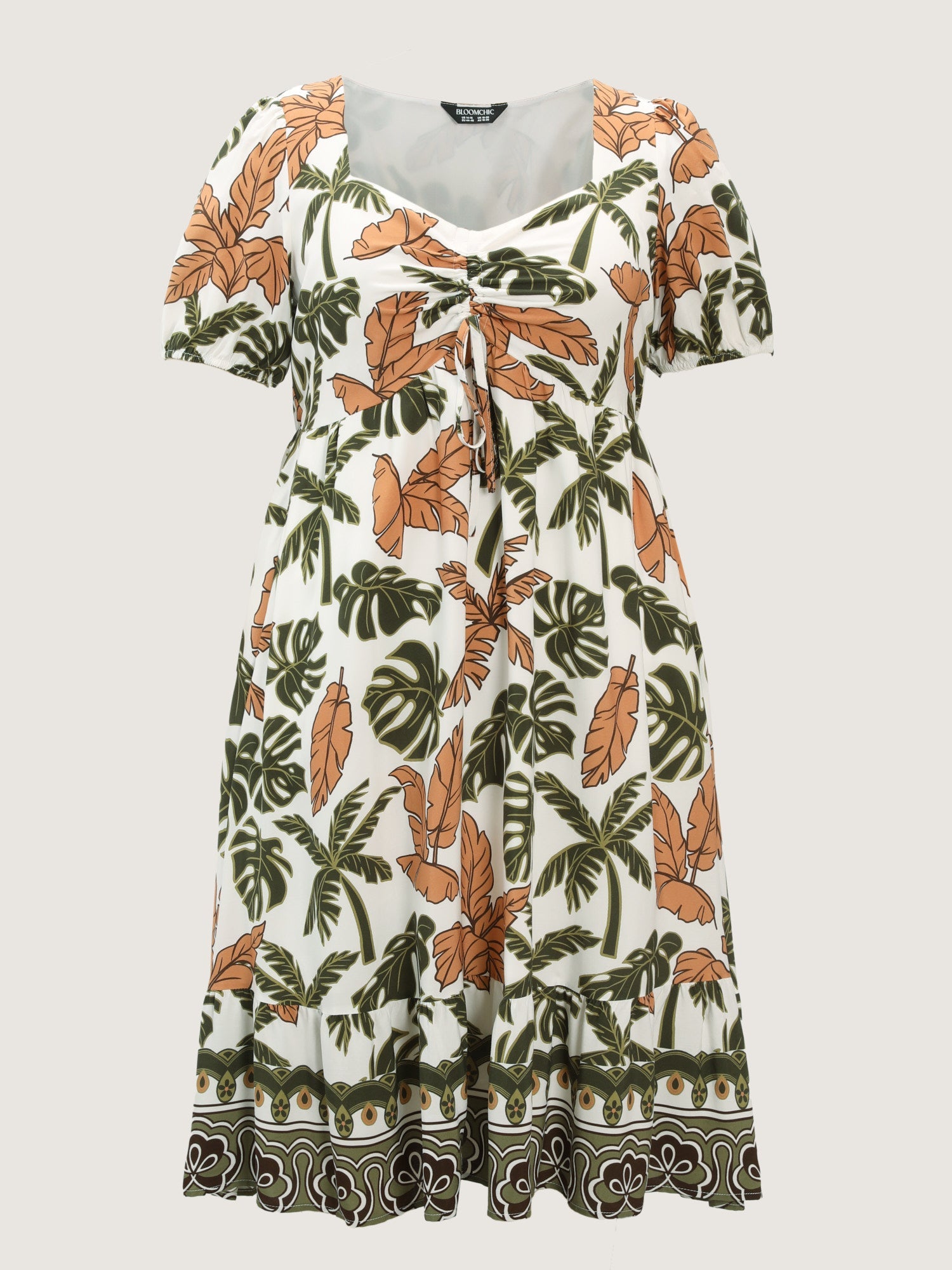 Tropical Print Ruched Sweetheart Neckline Midi Dress