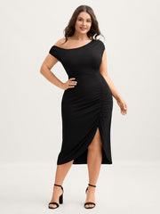 One Shoulder Ruched Split Hem Midi Dress