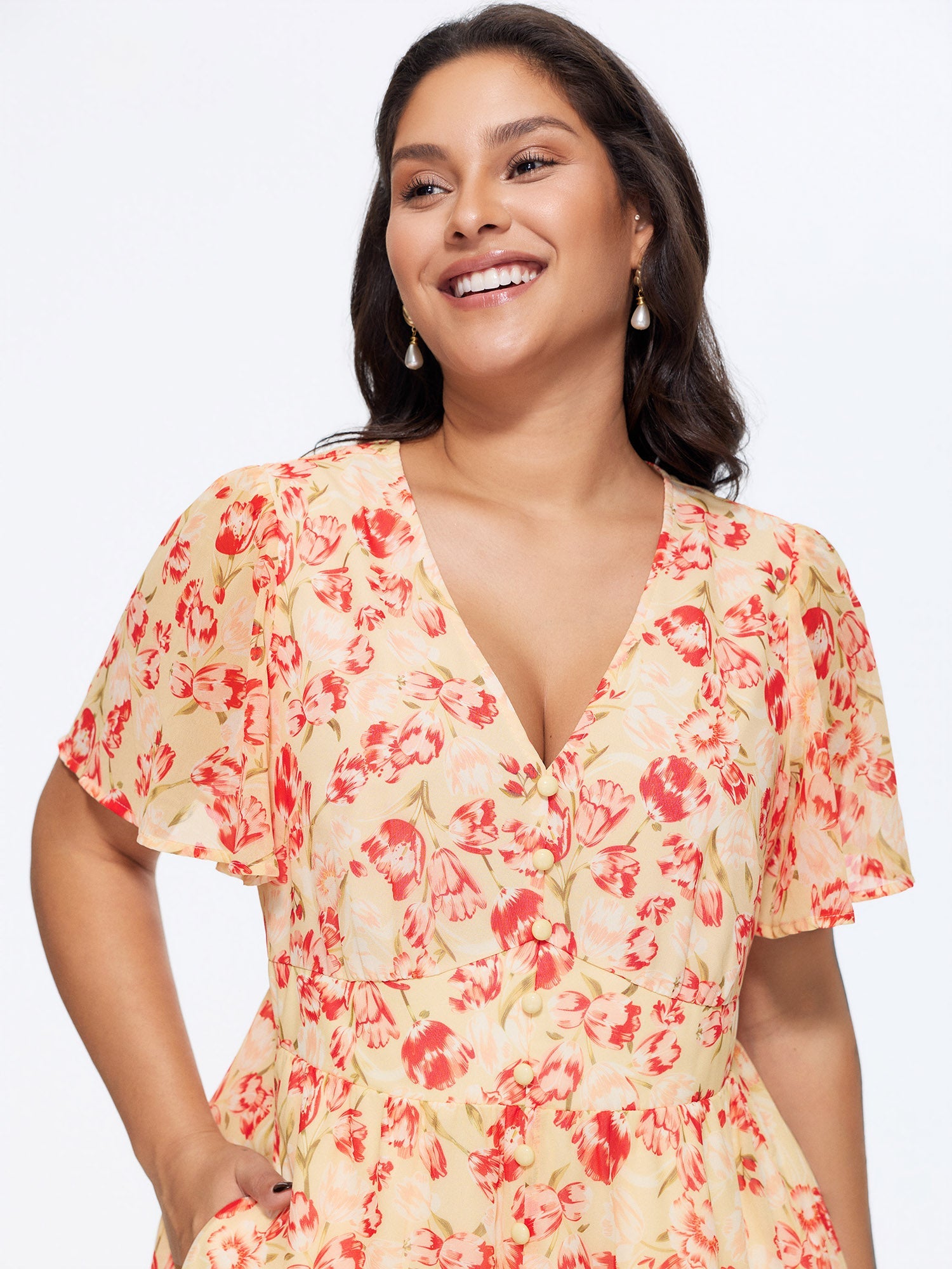 Floral Print Triangular Waist Shirred Midi Dress