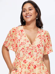 Floral Print Triangular Waist Shirred Midi Dress