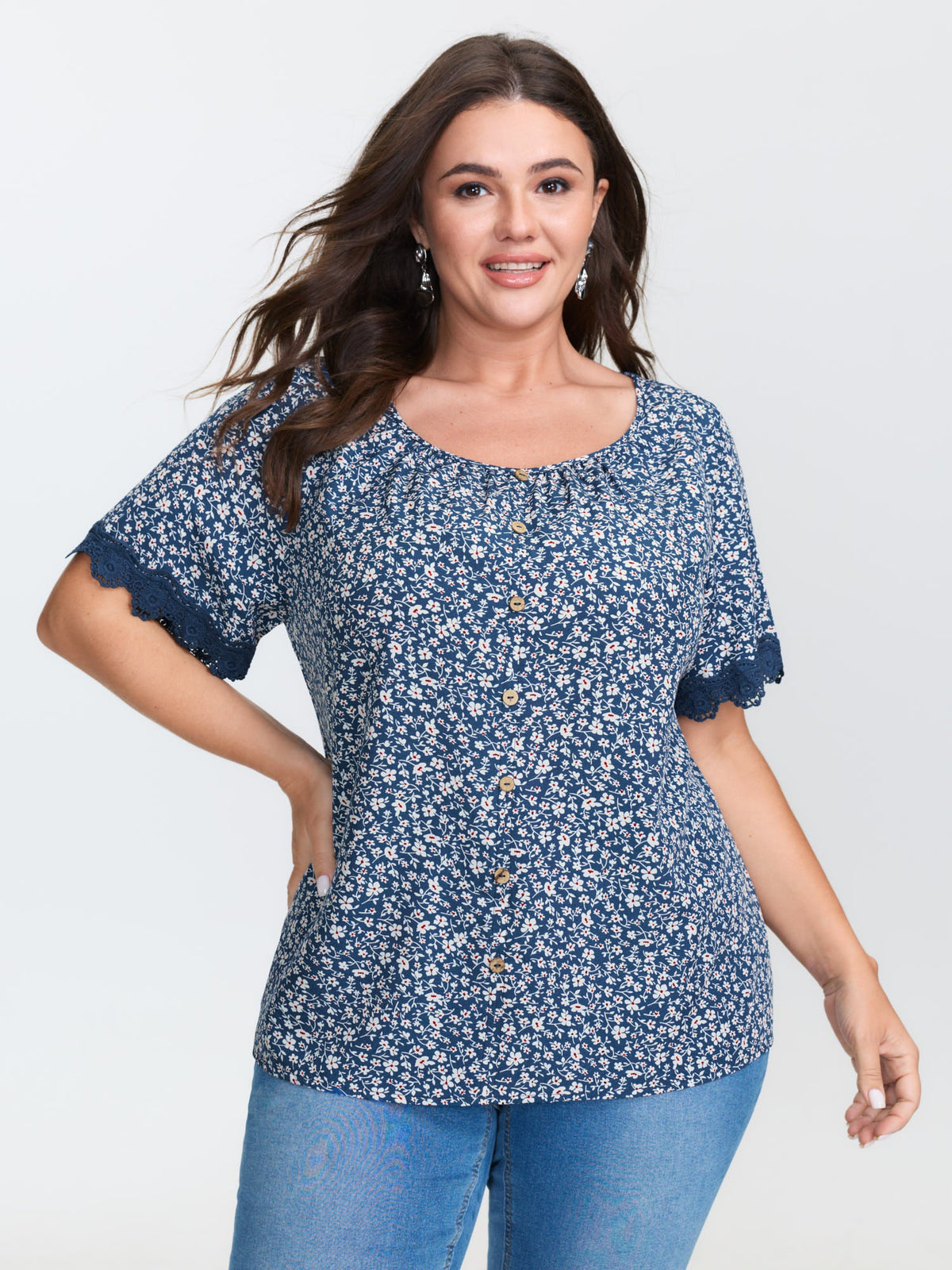 Floral Print Buttons Lace Sleeve Blouse