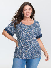 Floral Print Buttons Lace Sleeve Blouse