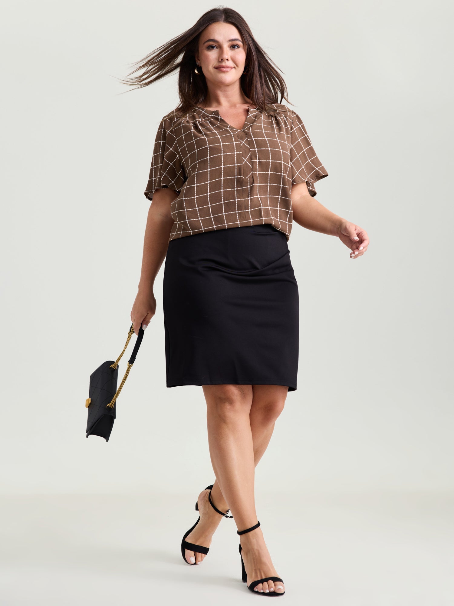 Checkered Notched Collar Panel Back Blouse