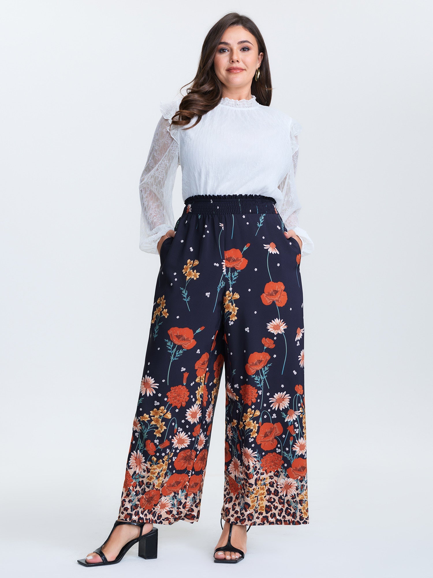 Floral Print Shirred Waist Wide Leg Pants