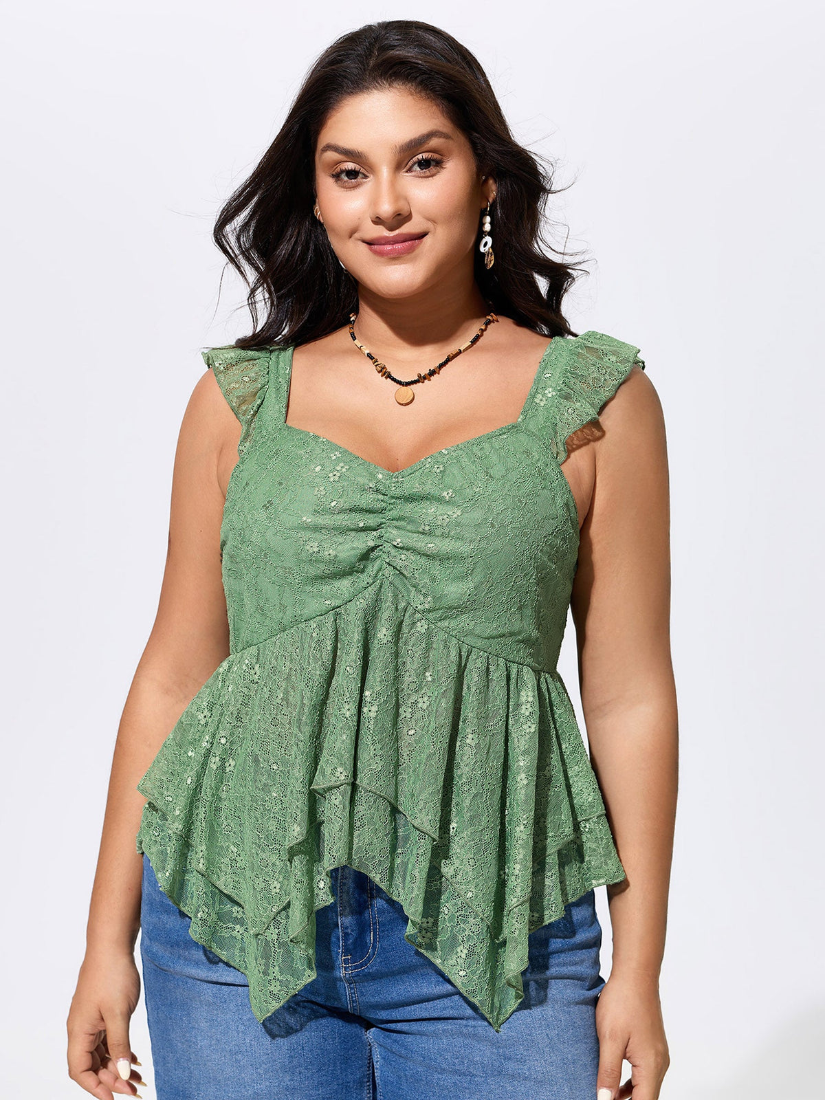 Stretchy Floral Lace Sweetheart Neckline Blouse