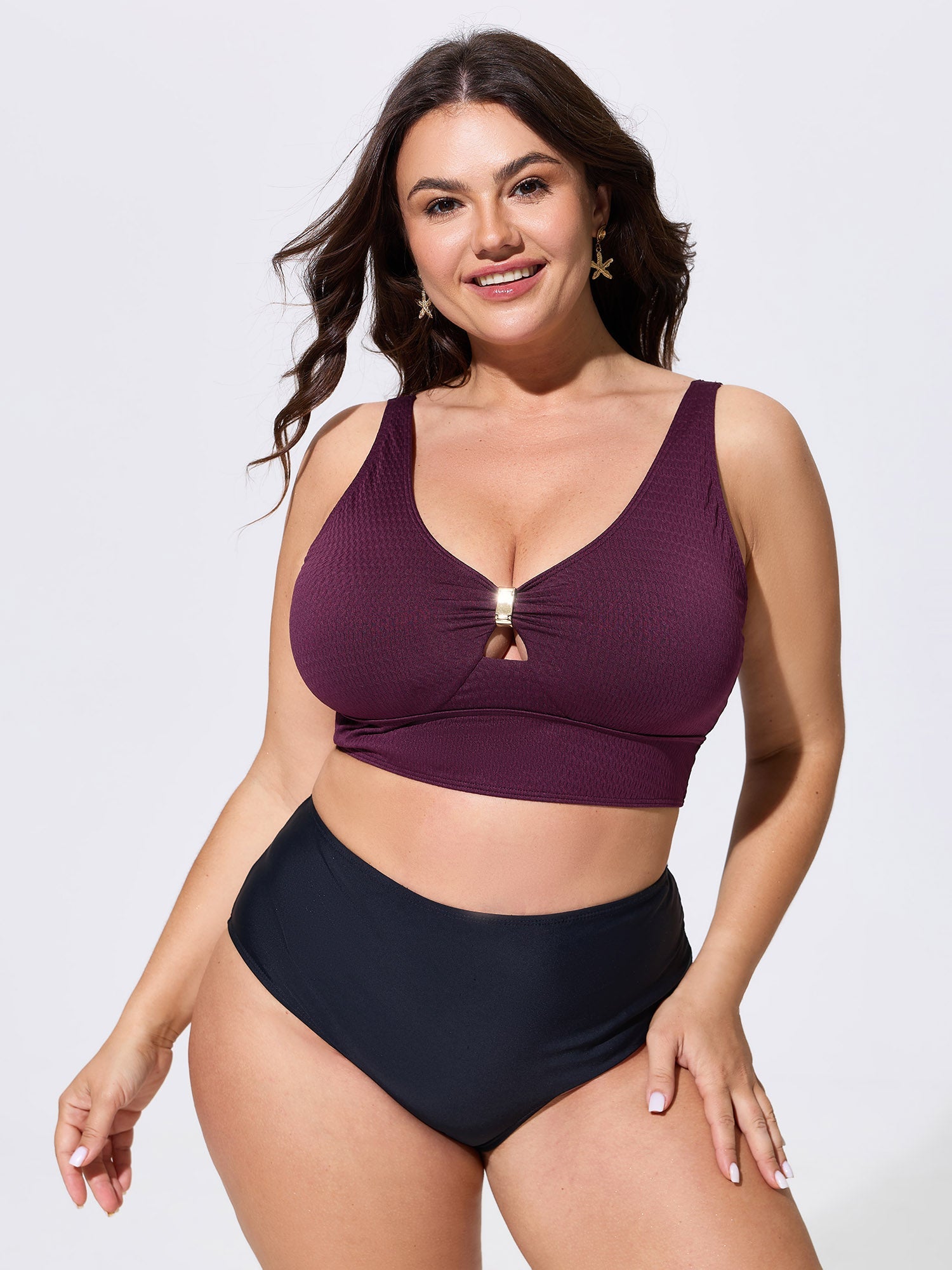 Textured Ruched Plain Swim Top