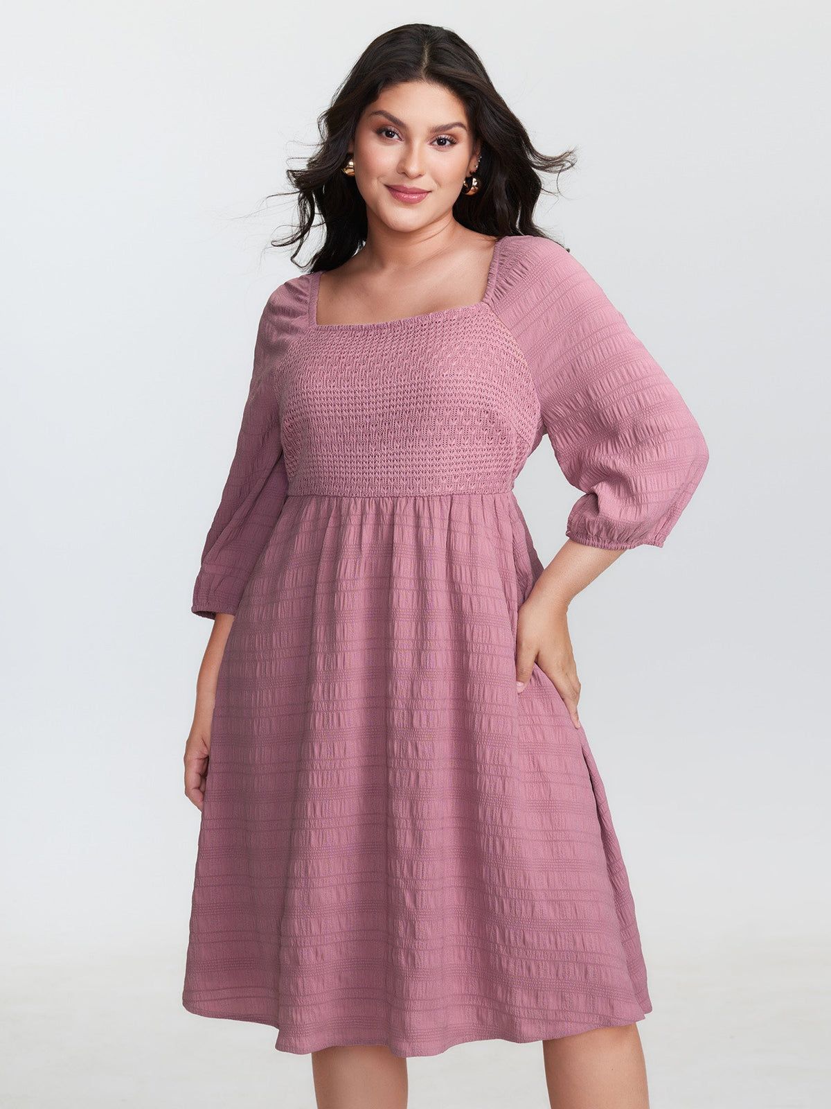 Textured Shirred Bodice Square Neckline Mini Dress