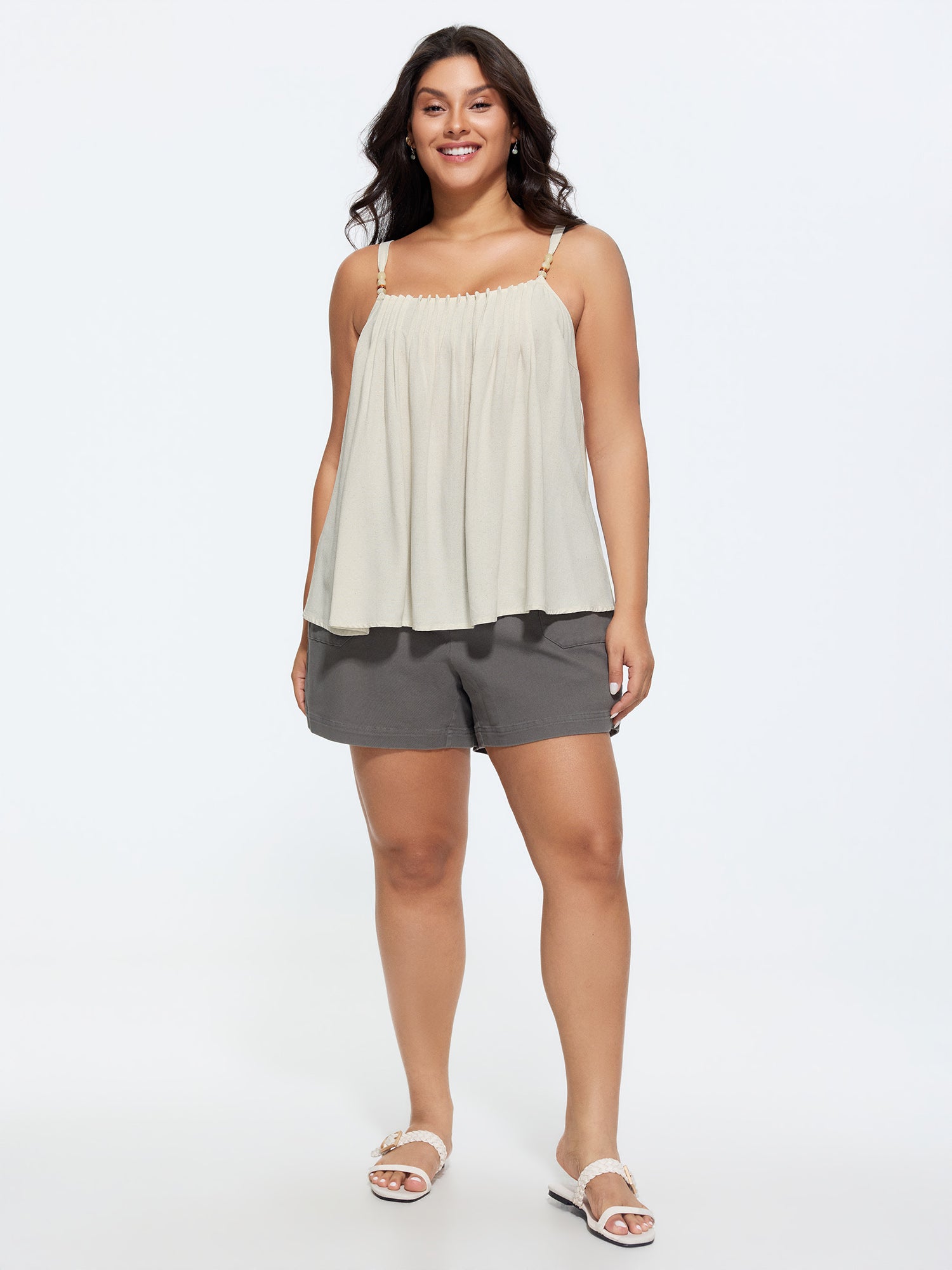 Linen Blend Beaded Pleated Flowy Plain Tank Top