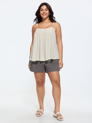 Linen Blend Beaded Pleated Flowy Plain Tank Top