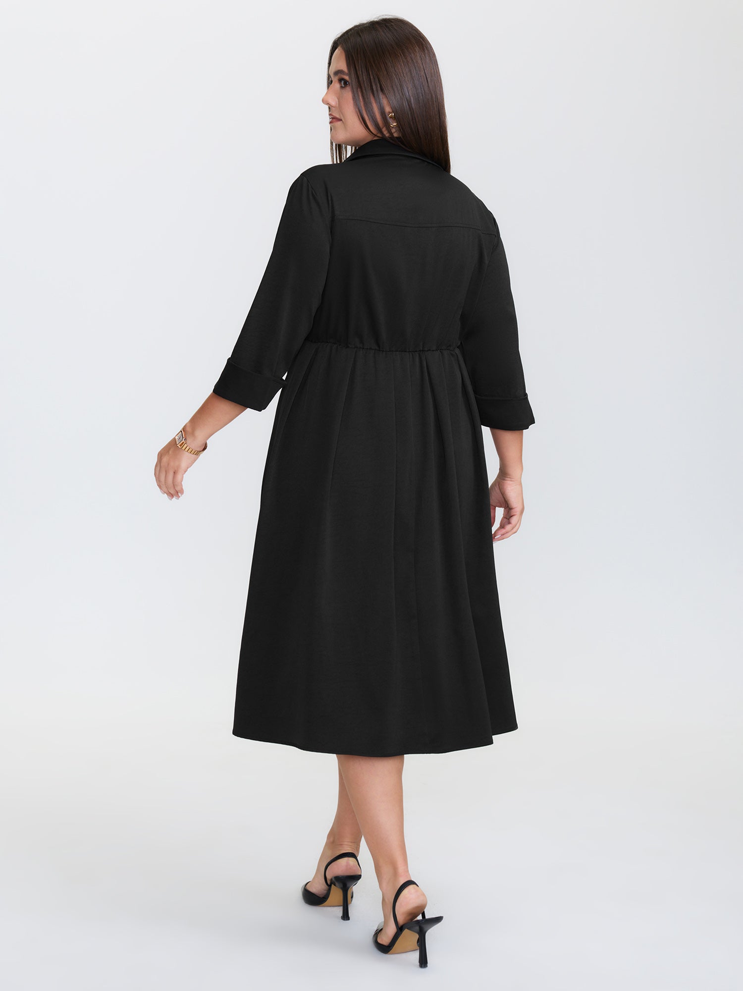 Pleated Placket Flowy Solid Color Midi Dress