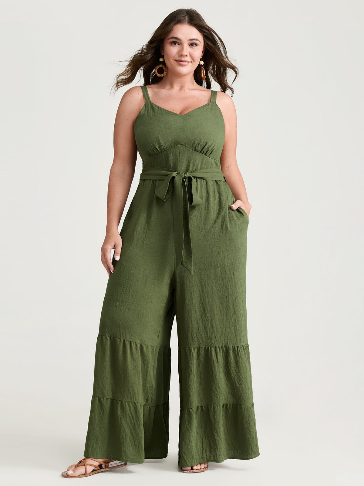 Stretchy Waist Ruffled Hem Pockets Jumpsuit
