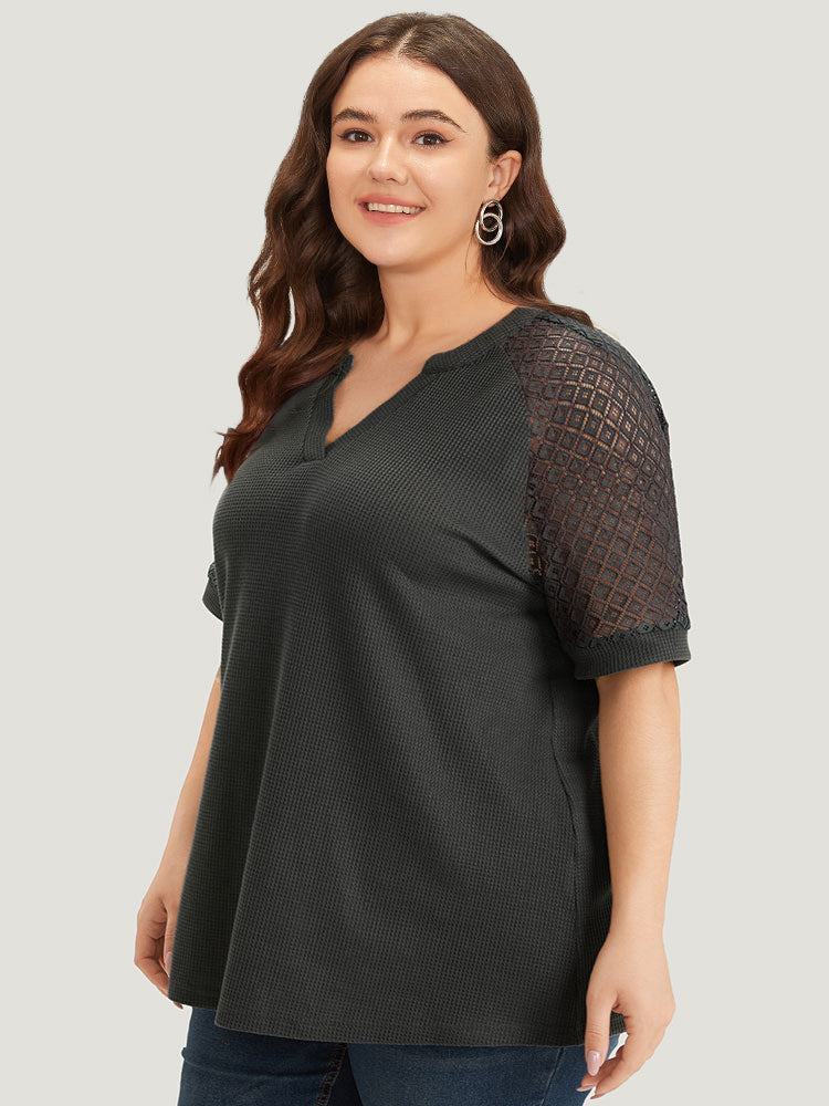 Plain Notched Crochet Lace Raglan Sleeve T-shirt