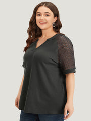 Plain Notched Crochet Lace Raglan Sleeve T-shirt