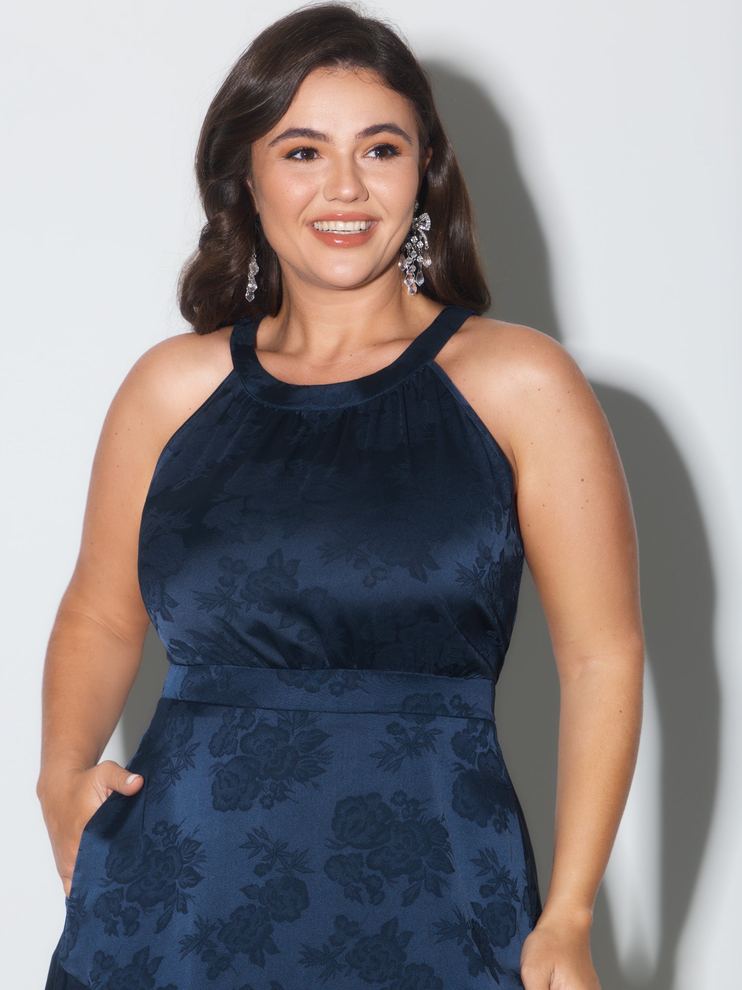 Satin Jacquard Asymmetrical Hem Midi Dress