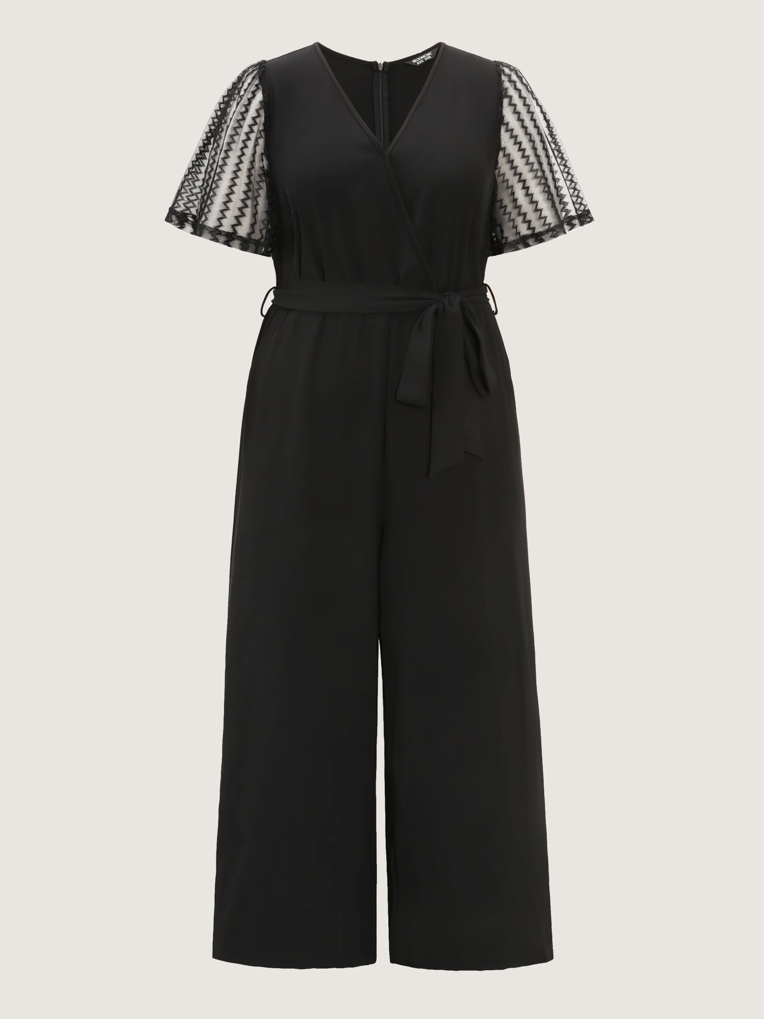 Textured Sheer Sleeve Stretchy Waist Tie Jumpsuit