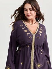 Star Moon Print Color Contrast Maxi Dress
