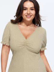 Stretchy Ribbed Ruched Plain T-Shirt