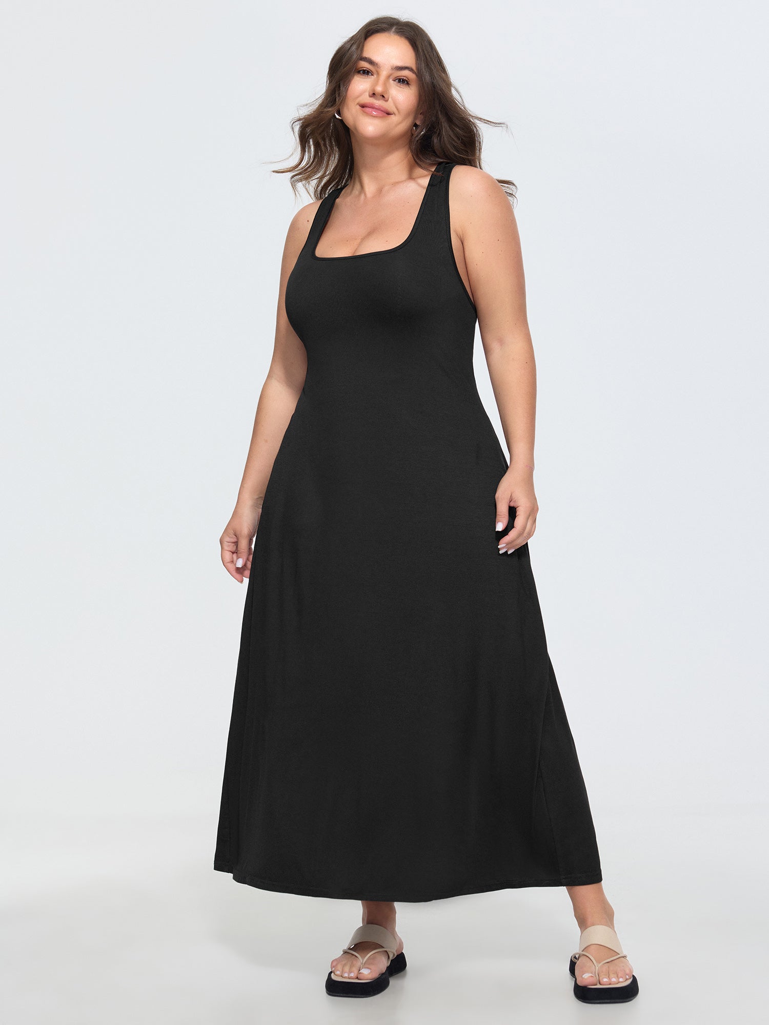 Supersoft Stretchy Wide-Straps Plain Maxi Dress